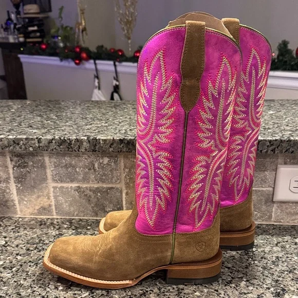 Ariat Women's Vibrant Pink and Tan Heeled Boots - Picture 2 of 9